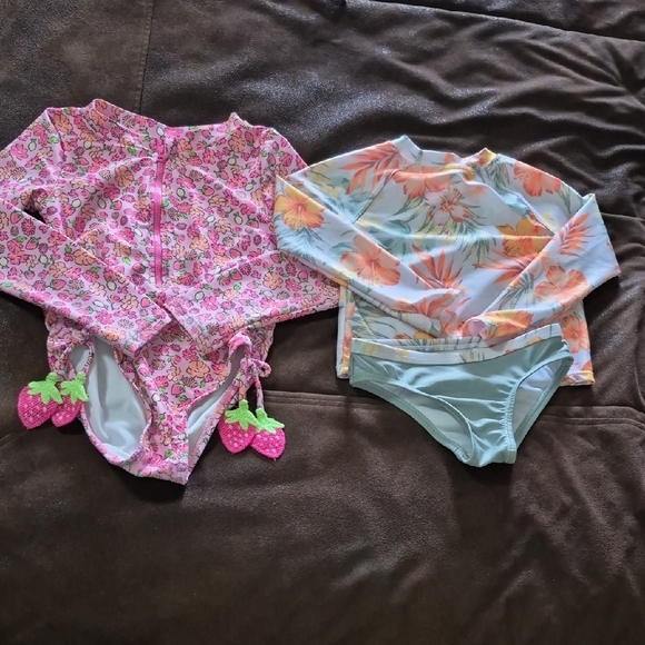 Nicole Miller Other - Nicole Miller Pink Strawberry Zip One-Piece with Aqua Floral Rash Guard Set, 2pc